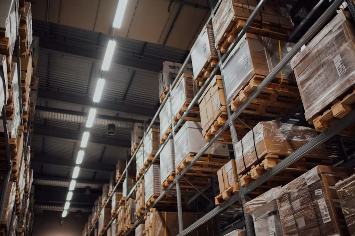 Shelving and packages inside a modern logistics warehouse